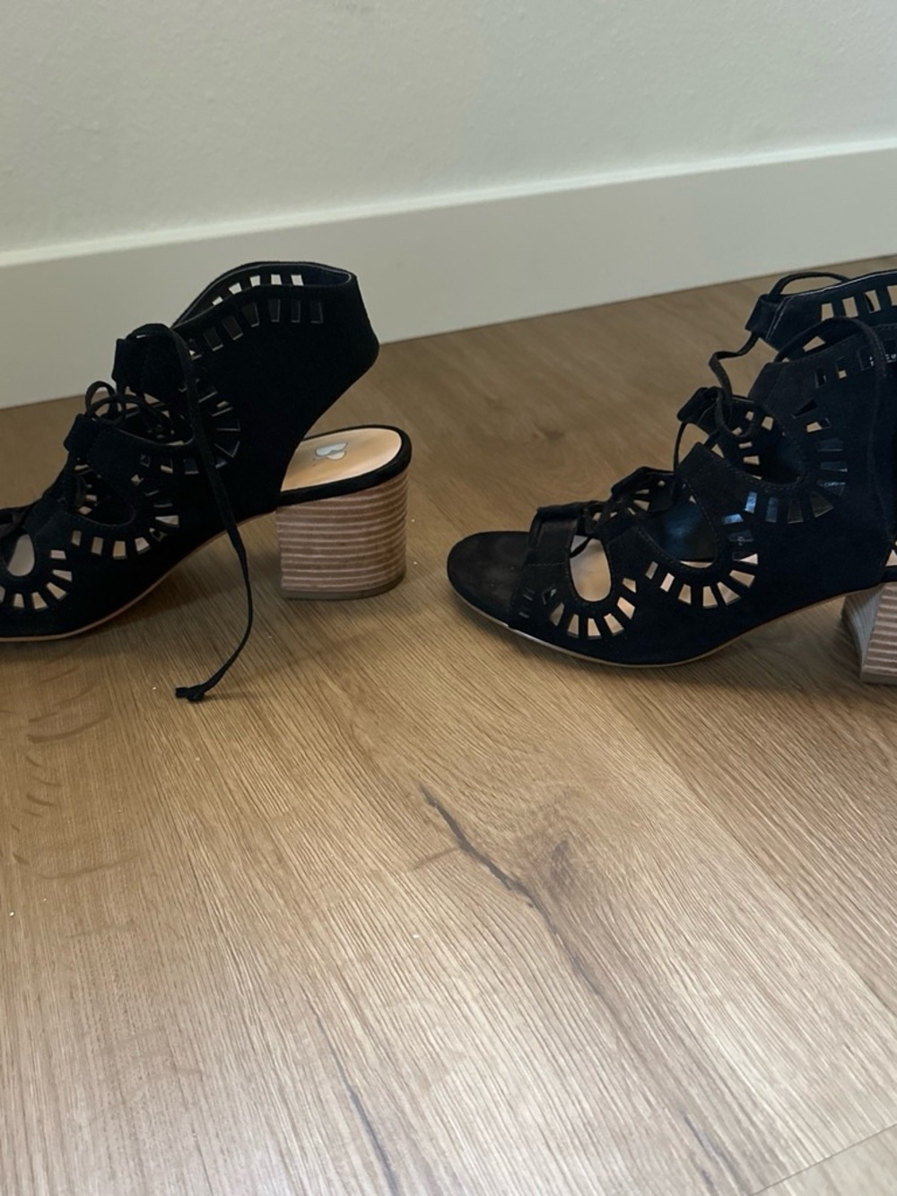 bp Black Laser-Cut Lace-Up Block Heel Sandals
